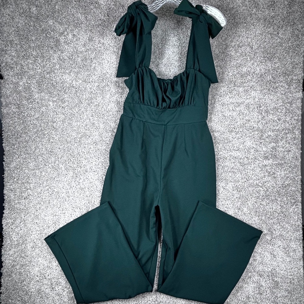 Audrey Parks Francescas Emerald Green Wide Leg Bow Shoulder Jumpsuit M